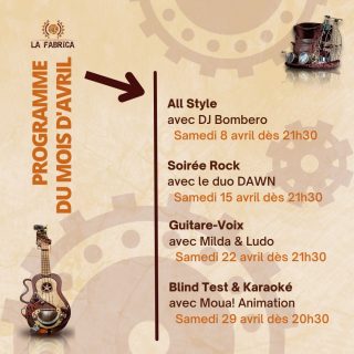 🎸Au programme de ce mois d'avril : - Samedi 8 : All Style avec DJ Bombero- Samedi 15 : Soirée Rock avec Dawn- Samedi 22 : Guitare-Voix avec Milda&Ludo- Samedi 29 : Blind Test & Karaoké avec Moua!Animation#lafabricayverdon #lafabrica #yverdon #yverdonlesbains #restaurantyverdon #nightlife #lausannebynight