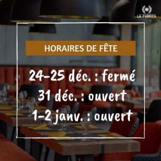 La Fabrica vous souhaite de très belles fêtes de fin d'année ! ❄️🎅Horaires de fin d'année : 24 et 25 décembre : fermé31 décembre : ouvert (soirée du nouvel an, sous réservation uniquement)1 et 2 janvier : ouvertA bientôt à La Fabrica#lafabrica #lafabricayverdon #yverdon #yverdonlesbains #restaurantyverdon