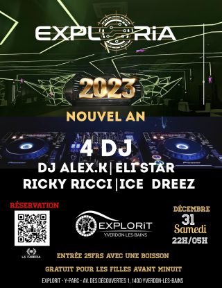 NEW YEAR @ EXPLORiA 🎧Venez passer la soirée du Nouvel An avec 4 DJs dans l'incroyable salle Exploria 🥳DJ ALEX.K | ELI STAR | RICKY RICCI | ICE DREEZPrix: 25frs avec une boisson offerte, gratuite pour les filles avant minuitAchetez dès maintenant votre billet lafabrica.explorit.ch#newyear2023 #dj #swissdj #yverdon #yverdonlesbains #nouvelan2023